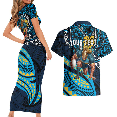 Personalised Gold Coast Titans Couples Matching Short Sleeve Bodycon Dress and Hawaiian Shirt Polynesian Tribal Art Style With Spartan Titan Mascot