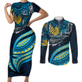 Personalised Gold Coast Titans Couples Matching Short Sleeve Bodycon Dress and Long Sleeve Button Shirt Polynesian Tribal Art Style With Spartan Titan Mascot