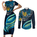 Personalised Gold Coast Titans Couples Matching Short Sleeve Bodycon Dress and Long Sleeve Button Shirt Polynesian Tribal Art Style With Spartan Titan Mascot