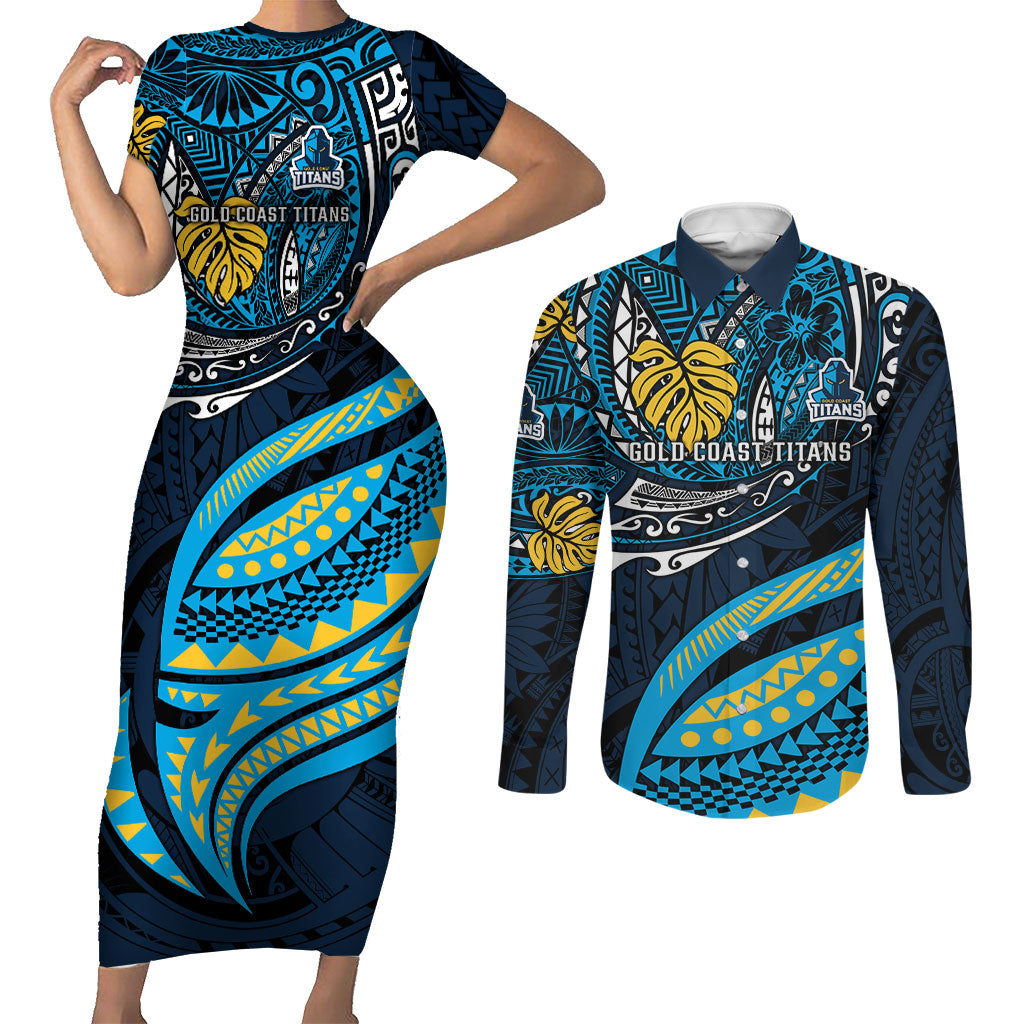Personalised Gold Coast Titans Couples Matching Short Sleeve Bodycon Dress and Long Sleeve Button Shirt Polynesian Tribal Art Style With Spartan Titan Mascot