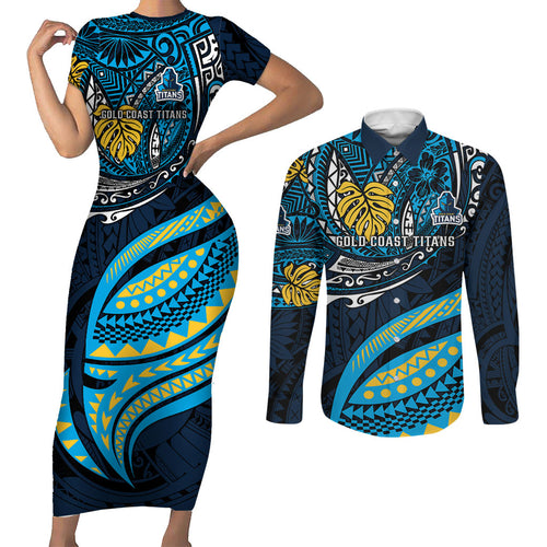 Personalised Gold Coast Titans Couples Matching Short Sleeve Bodycon Dress and Long Sleeve Button Shirt Polynesian Tribal Art Style With Spartan Titan Mascot