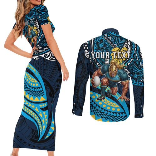 Personalised Gold Coast Titans Couples Matching Short Sleeve Bodycon Dress and Long Sleeve Button Shirt Polynesian Tribal Art Style With Spartan Titan Mascot