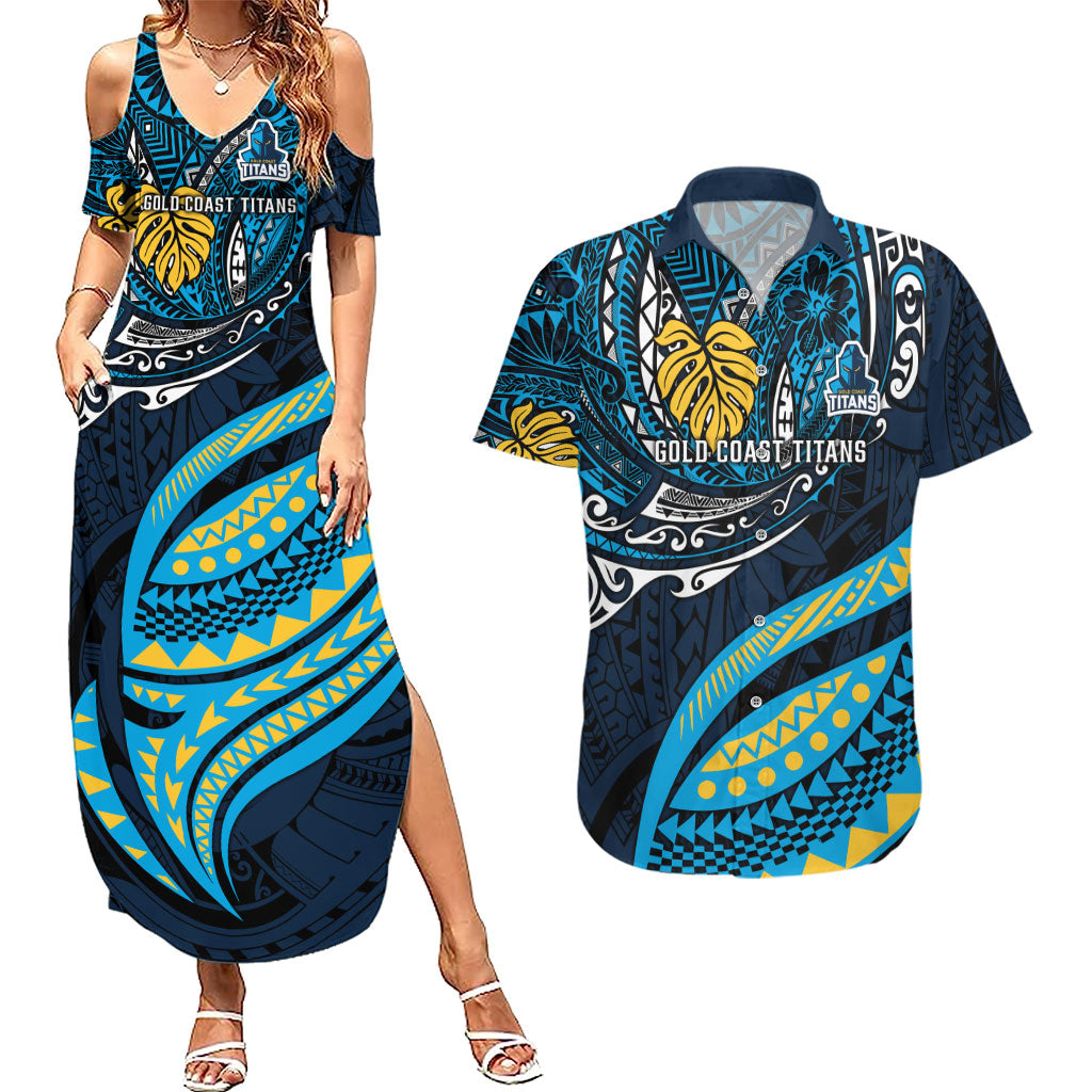 Personalised Gold Coast Titans Couples Matching Summer Maxi Dress and Hawaiian Shirt Polynesian Tribal Art Style With Spartan Titan Mascot