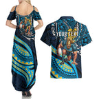 Personalised Gold Coast Titans Couples Matching Summer Maxi Dress and Hawaiian Shirt Polynesian Tribal Art Style With Spartan Titan Mascot
