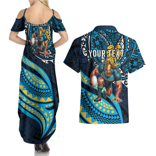 Personalised Gold Coast Titans Couples Matching Summer Maxi Dress and Hawaiian Shirt Polynesian Tribal Art Style With Spartan Titan Mascot