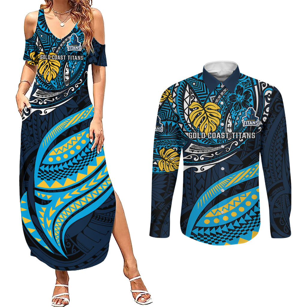 Personalised Gold Coast Titans Couples Matching Summer Maxi Dress and Long Sleeve Button Shirt Polynesian Tribal Art Style With Spartan Titan Mascot