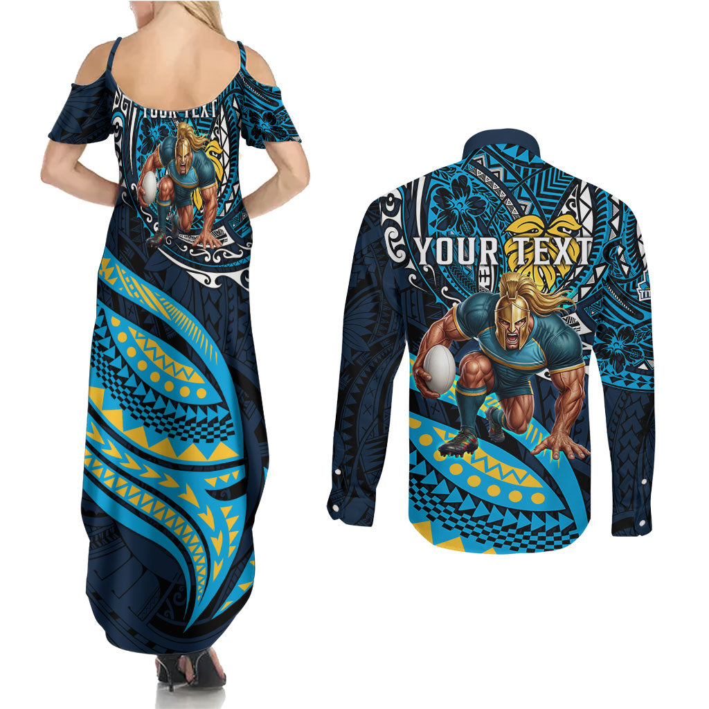Personalised Gold Coast Titans Couples Matching Summer Maxi Dress and Long Sleeve Button Shirt Polynesian Tribal Art Style With Spartan Titan Mascot