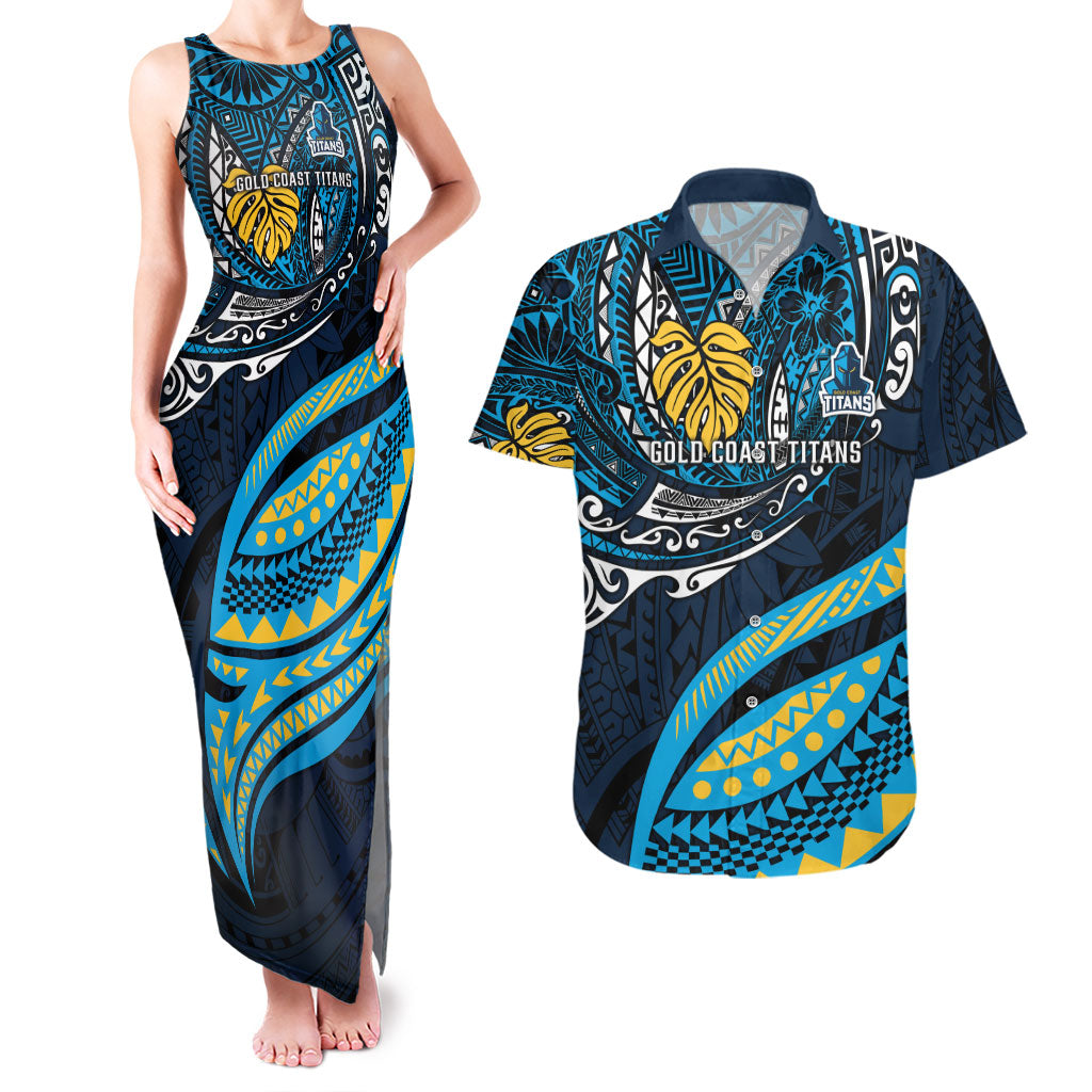 Personalised Gold Coast Titans Couples Matching Tank Maxi Dress and Hawaiian Shirt Polynesian Tribal Art Style With Spartan Titan Mascot