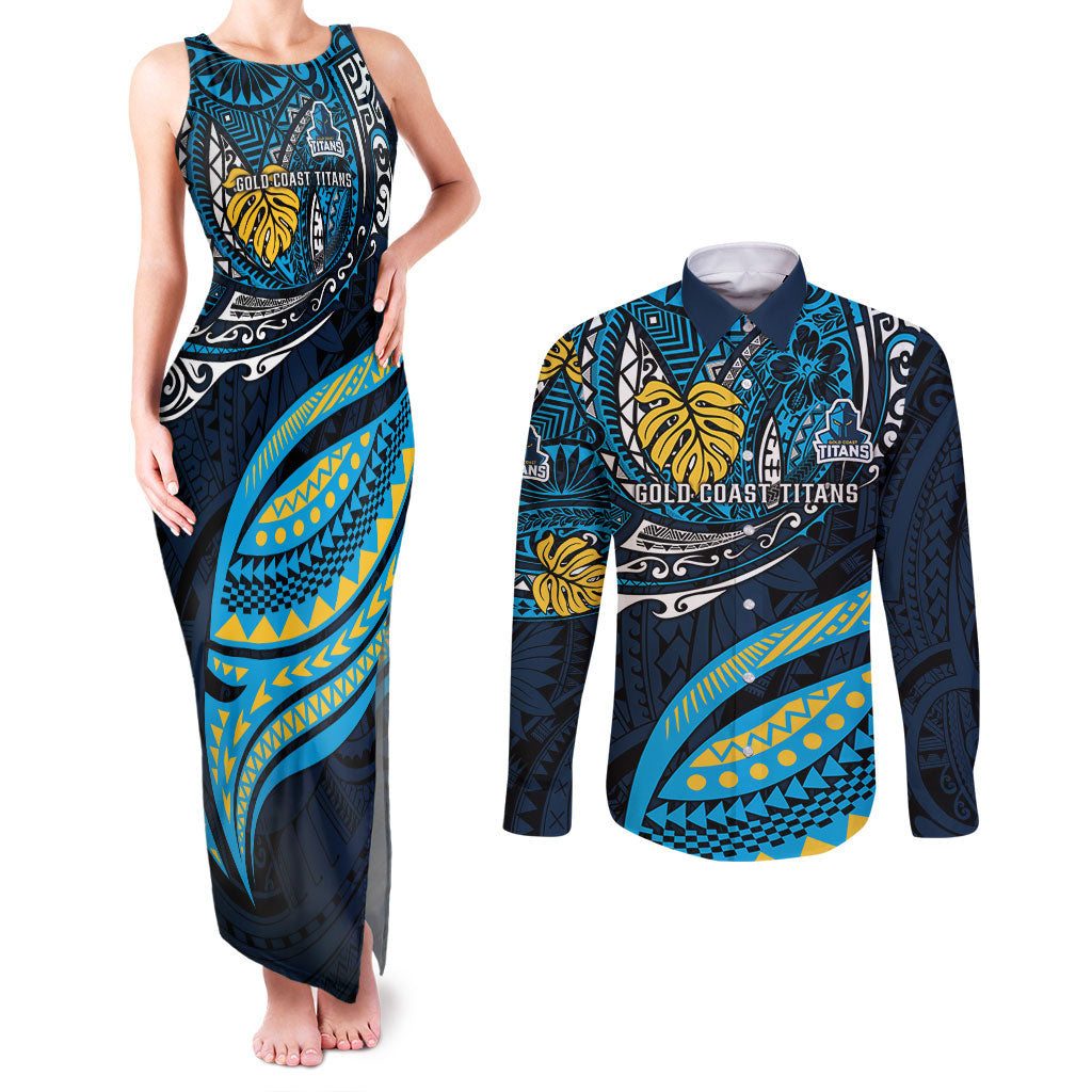 Personalised Gold Coast Titans Couples Matching Tank Maxi Dress and Long Sleeve Button Shirt Polynesian Tribal Art Style With Spartan Titan Mascot