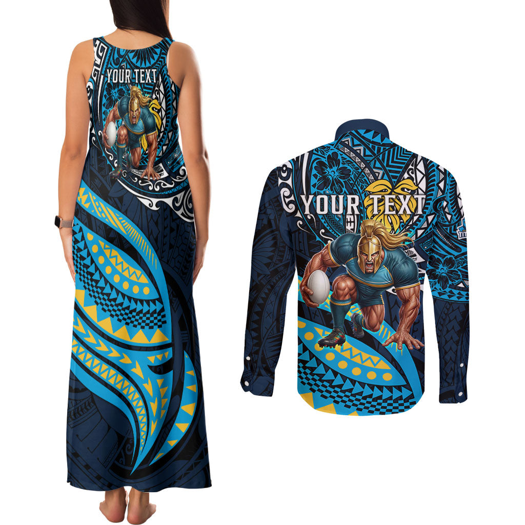 Personalised Gold Coast Titans Couples Matching Tank Maxi Dress and Long Sleeve Button Shirt Polynesian Tribal Art Style With Spartan Titan Mascot