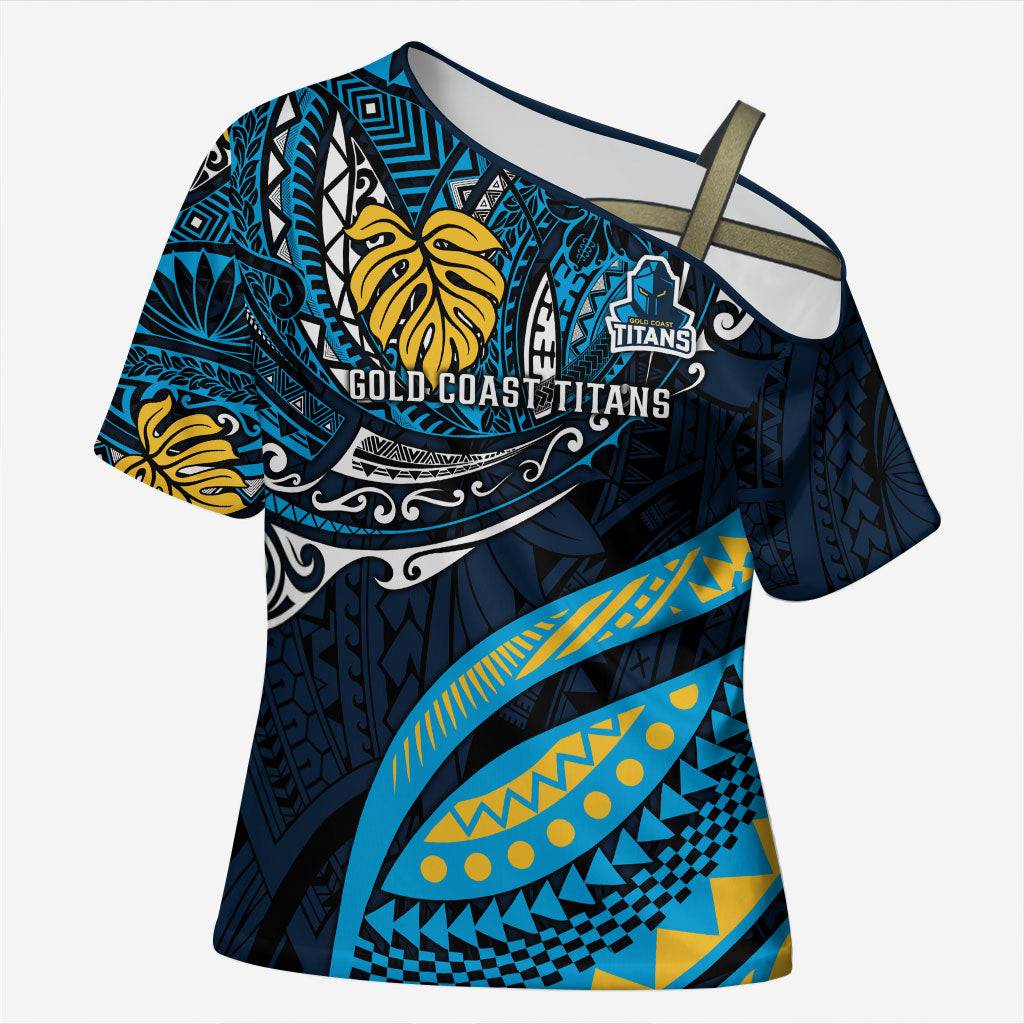 Personalised Gold Coast Titans Cross Shoulder Shirt Polynesian Tribal Art Style With Spartan Titan Mascot