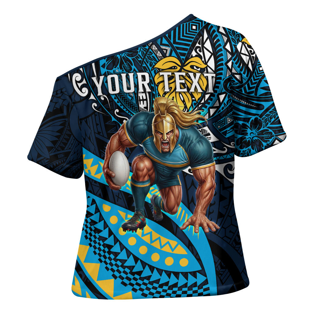 Personalised Gold Coast Titans Cross Shoulder Shirt Polynesian Tribal Art Style With Spartan Titan Mascot