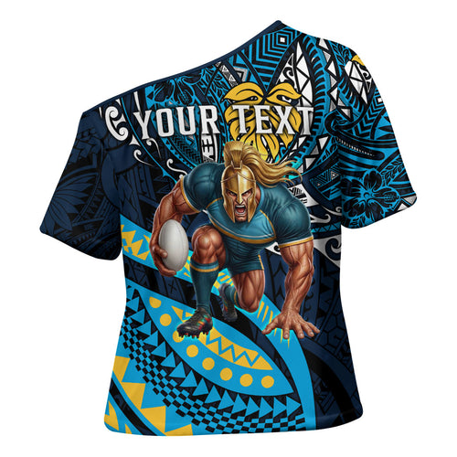 Personalised Gold Coast Titans Cross Shoulder Shirt Polynesian Tribal Art Style With Spartan Titan Mascot