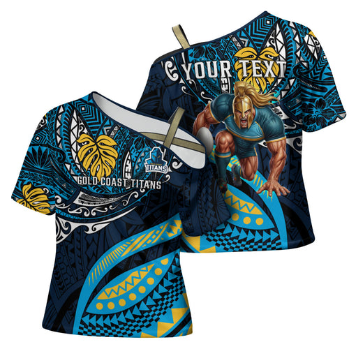 Personalised Gold Coast Titans Cross Shoulder Shirt Polynesian Tribal Art Style With Spartan Titan Mascot
