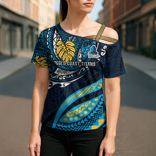Personalised Gold Coast Titans Cross Shoulder Shirt Polynesian Tribal Art Style With Spartan Titan Mascot