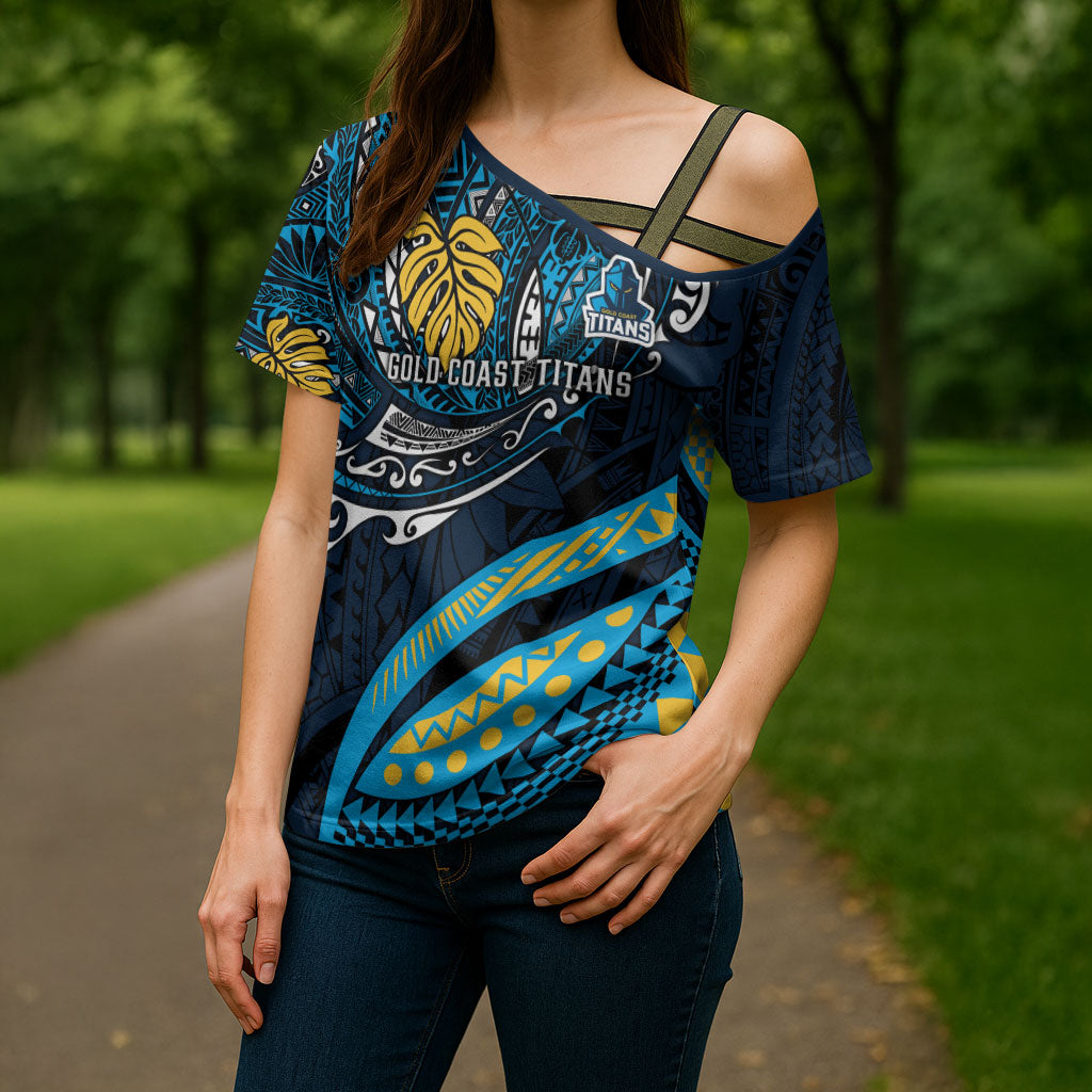 Personalised Gold Coast Titans Cross Shoulder Shirt Polynesian Tribal Art Style With Spartan Titan Mascot
