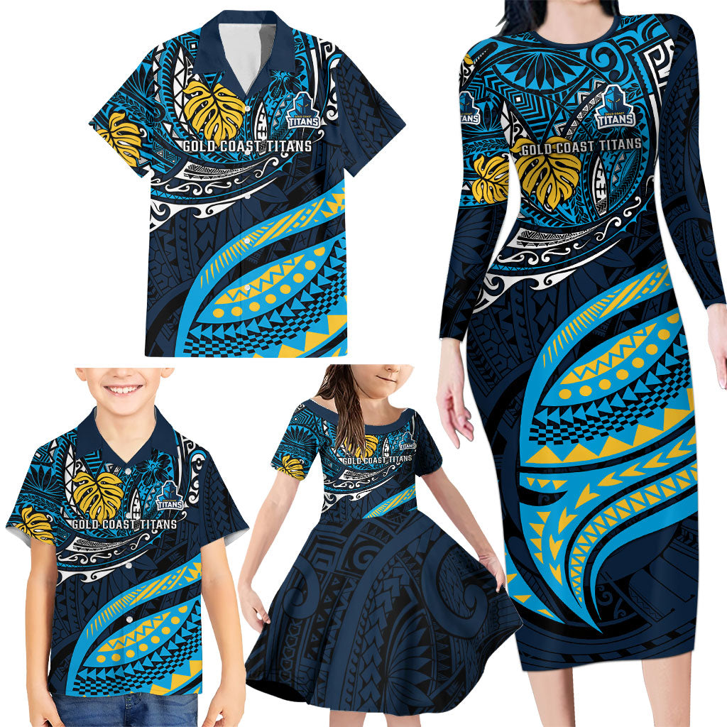 Personalised Gold Coast Titans Family Matching Long Sleeve Bodycon Dress and Hawaiian Shirt Polynesian Tribal Art Style With Spartan Titan Mascot