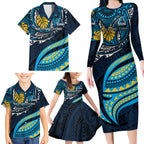 Personalised Gold Coast Titans Family Matching Long Sleeve Bodycon Dress and Hawaiian Shirt Polynesian Tribal Art Style With Spartan Titan Mascot