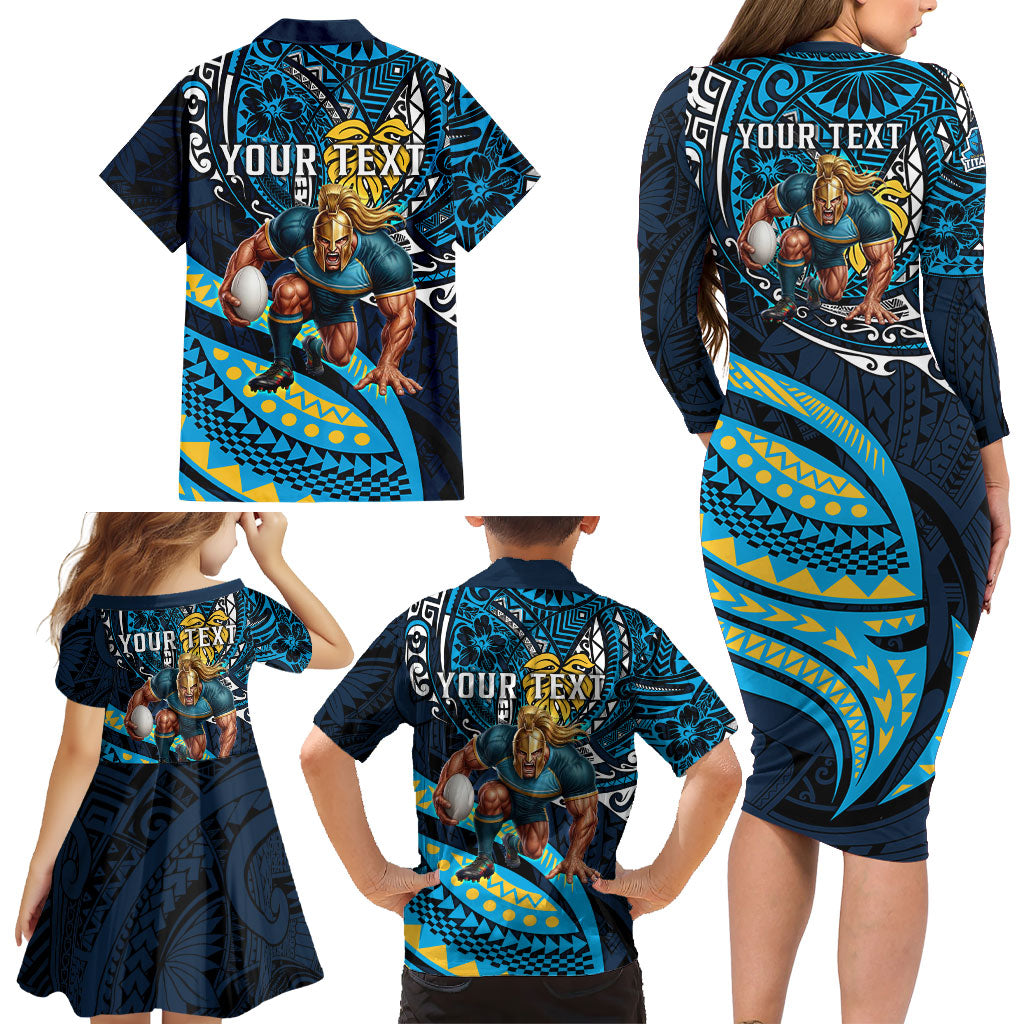 Personalised Gold Coast Titans Family Matching Long Sleeve Bodycon Dress and Hawaiian Shirt Polynesian Tribal Art Style With Spartan Titan Mascot