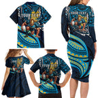 Personalised Gold Coast Titans Family Matching Long Sleeve Bodycon Dress and Hawaiian Shirt Polynesian Tribal Art Style With Spartan Titan Mascot