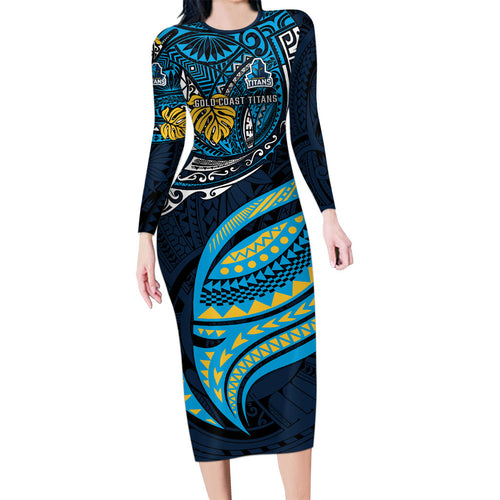 Personalised Gold Coast Titans Family Matching Long Sleeve Bodycon Dress and Hawaiian Shirt Polynesian Tribal Art Style With Spartan Titan Mascot