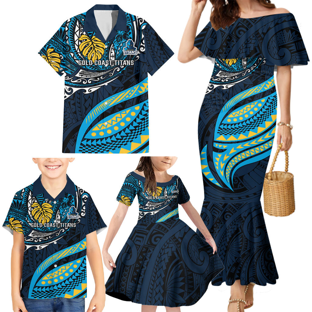 Personalised Gold Coast Titans Family Matching Mermaid Dress and Hawaiian Shirt Polynesian Tribal Art Style With Spartan Titan Mascot