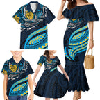 Personalised Gold Coast Titans Family Matching Mermaid Dress and Hawaiian Shirt Polynesian Tribal Art Style With Spartan Titan Mascot