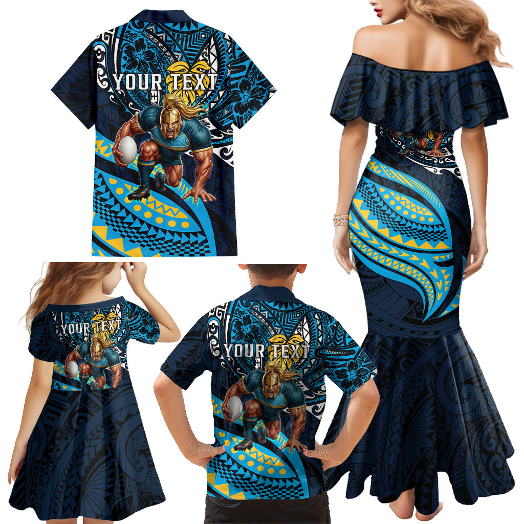 Personalised Gold Coast Titans Family Matching Mermaid Dress and Hawaiian Shirt Polynesian Tribal Art Style With Spartan Titan Mascot