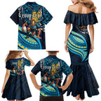 Personalised Gold Coast Titans Family Matching Mermaid Dress and Hawaiian Shirt Polynesian Tribal Art Style With Spartan Titan Mascot
