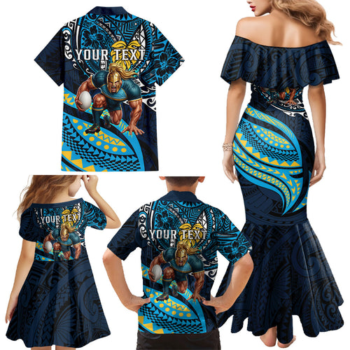 Personalised Gold Coast Titans Family Matching Mermaid Dress and Hawaiian Shirt Polynesian Tribal Art Style With Spartan Titan Mascot