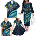Personalised Gold Coast Titans Family Matching Off The Shoulder Long Sleeve Dress and Hawaiian Shirt Polynesian Tribal Art Style With Spartan Titan Mascot