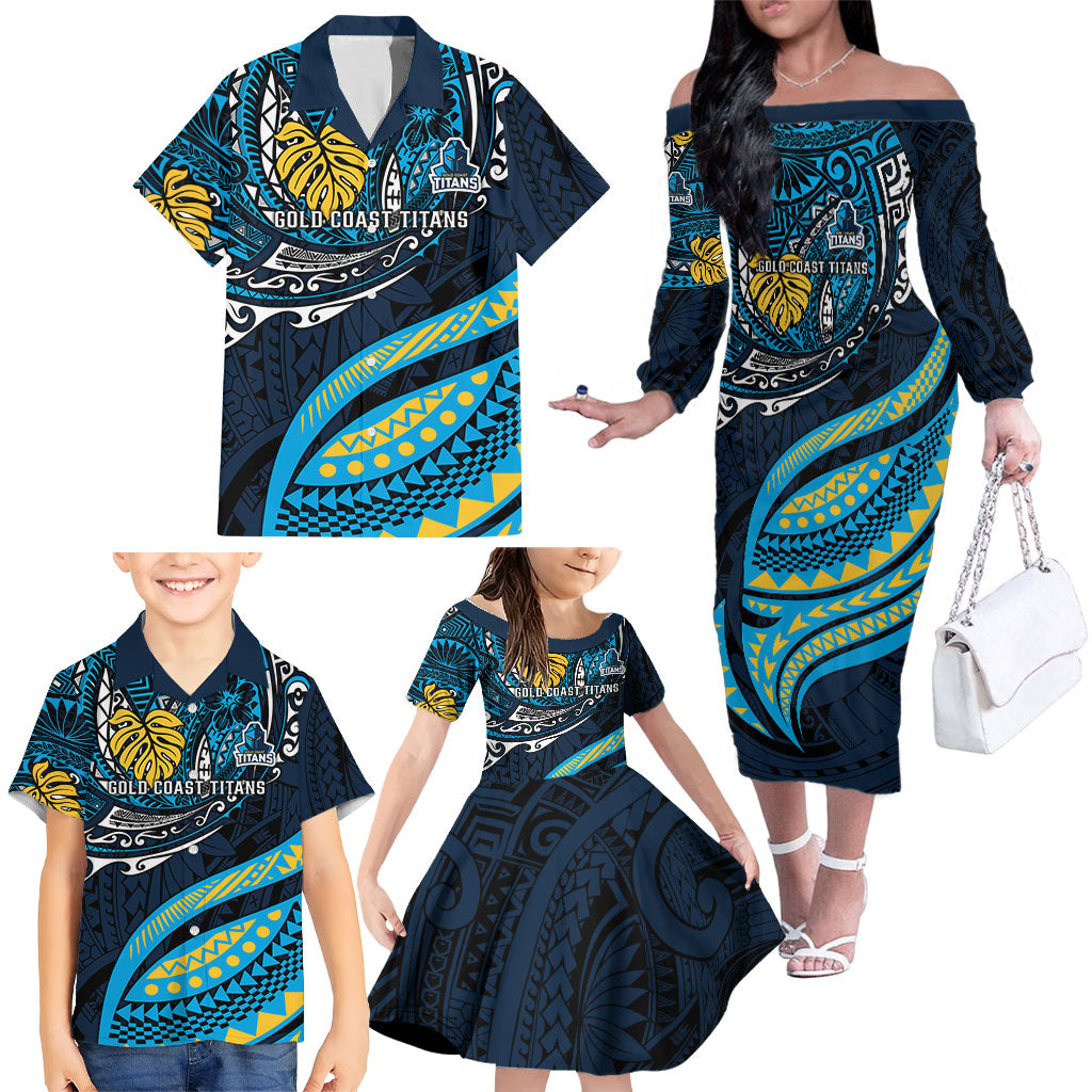Personalised Gold Coast Titans Family Matching Off The Shoulder Long Sleeve Dress and Hawaiian Shirt Polynesian Tribal Art Style With Spartan Titan Mascot