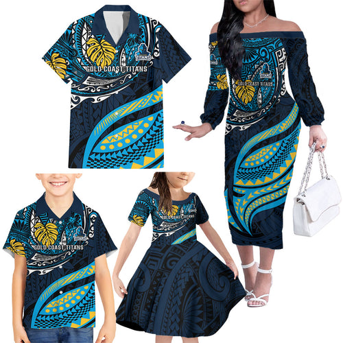 Personalised Gold Coast Titans Family Matching Off The Shoulder Long Sleeve Dress and Hawaiian Shirt Polynesian Tribal Art Style With Spartan Titan Mascot
