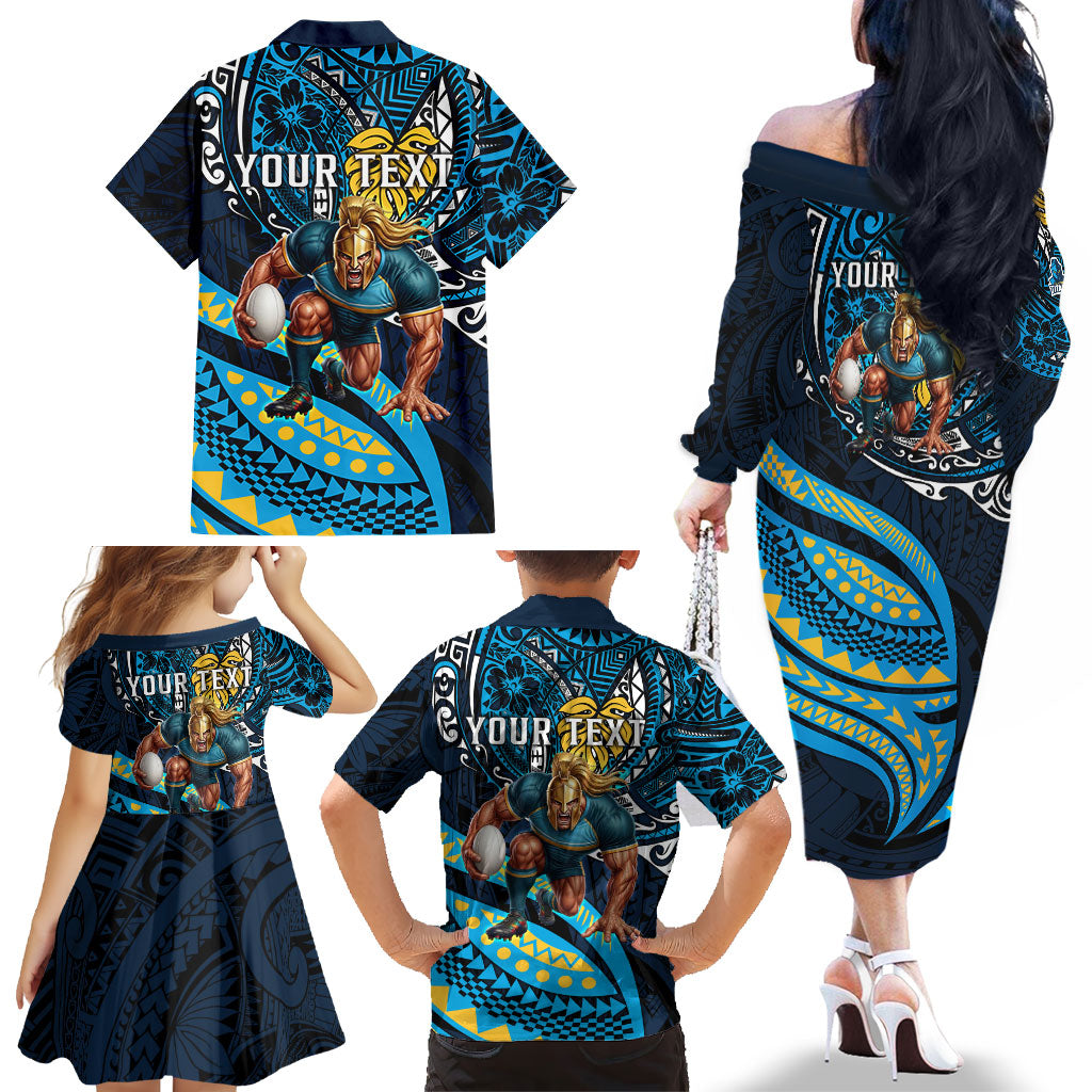 Personalised Gold Coast Titans Family Matching Off The Shoulder Long Sleeve Dress and Hawaiian Shirt Polynesian Tribal Art Style With Spartan Titan Mascot