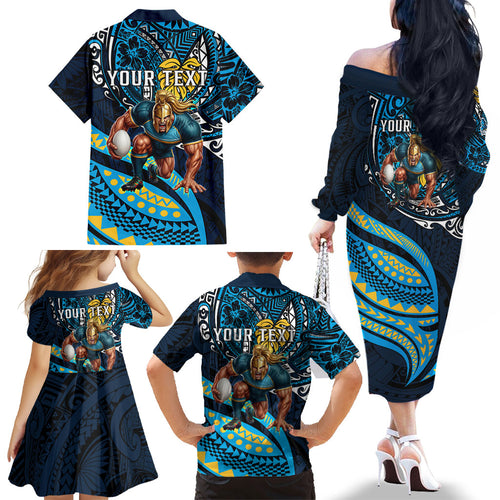 Personalised Gold Coast Titans Family Matching Off The Shoulder Long Sleeve Dress and Hawaiian Shirt Polynesian Tribal Art Style With Spartan Titan Mascot