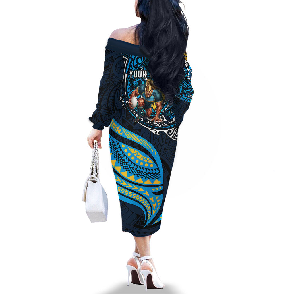 Personalised Gold Coast Titans Family Matching Off The Shoulder Long Sleeve Dress and Hawaiian Shirt Polynesian Tribal Art Style With Spartan Titan Mascot