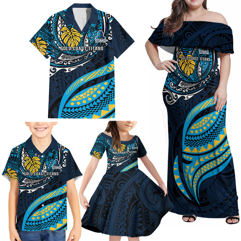 Personalised Gold Coast Titans Family Matching Off Shoulder Maxi Dress and Hawaiian Shirt Polynesian Tribal Art Style With Spartan Titan Mascot