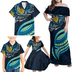 Personalised Gold Coast Titans Family Matching Off Shoulder Maxi Dress and Hawaiian Shirt Polynesian Tribal Art Style With Spartan Titan Mascot