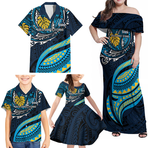 Personalised Gold Coast Titans Family Matching Off Shoulder Maxi Dress and Hawaiian Shirt Polynesian Tribal Art Style With Spartan Titan Mascot