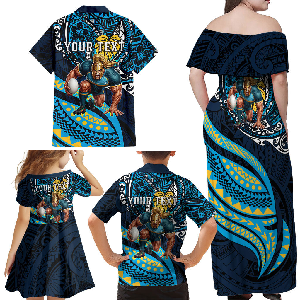 Personalised Gold Coast Titans Family Matching Off Shoulder Maxi Dress and Hawaiian Shirt Polynesian Tribal Art Style With Spartan Titan Mascot