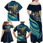Personalised Gold Coast Titans Family Matching Off Shoulder Maxi Dress and Hawaiian Shirt Polynesian Tribal Art Style With Spartan Titan Mascot