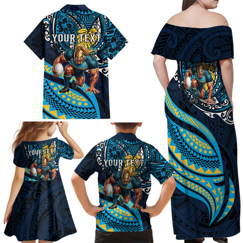 Personalised Gold Coast Titans Family Matching Off Shoulder Maxi Dress and Hawaiian Shirt Polynesian Tribal Art Style With Spartan Titan Mascot