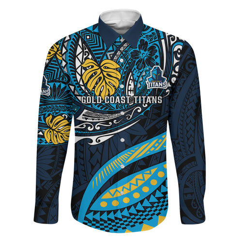 Personalised Gold Coast Titans Family Matching Off Shoulder Maxi Dress and Hawaiian Shirt Polynesian Tribal Art Style With Spartan Titan Mascot