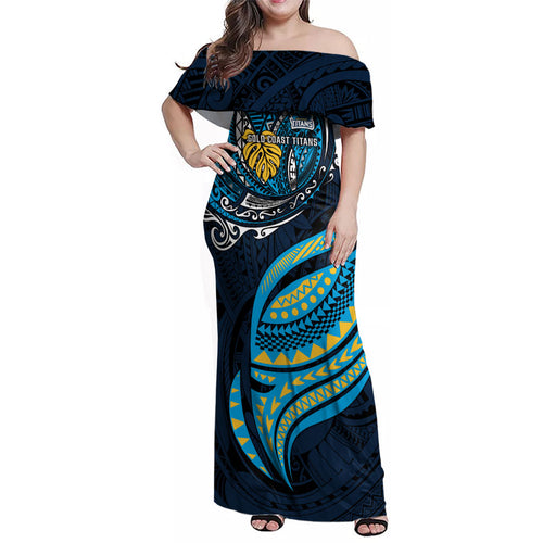 Personalised Gold Coast Titans Family Matching Off Shoulder Maxi Dress and Hawaiian Shirt Polynesian Tribal Art Style With Spartan Titan Mascot