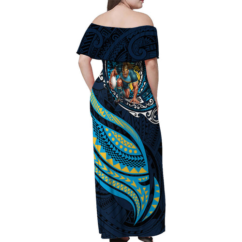 Personalised Gold Coast Titans Family Matching Off Shoulder Maxi Dress and Hawaiian Shirt Polynesian Tribal Art Style With Spartan Titan Mascot