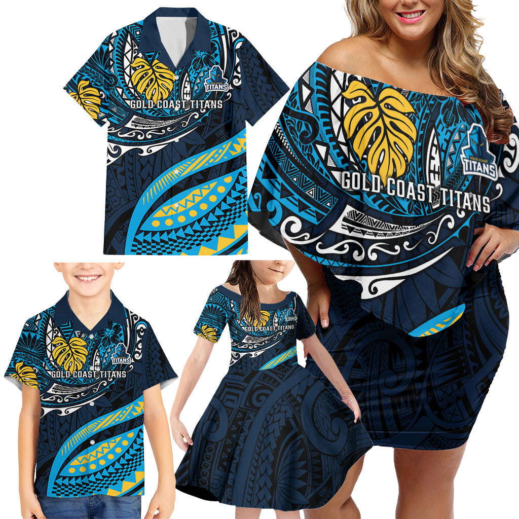 Personalised Gold Coast Titans Family Matching Off Shoulder Short Dress and Hawaiian Shirt Polynesian Tribal Art Style With Spartan Titan Mascot