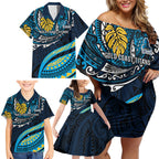 Personalised Gold Coast Titans Family Matching Off Shoulder Short Dress and Hawaiian Shirt Polynesian Tribal Art Style With Spartan Titan Mascot