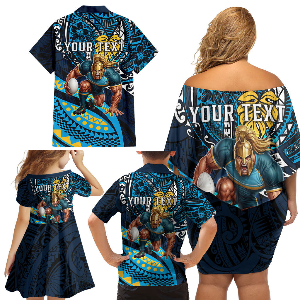 Personalised Gold Coast Titans Family Matching Off Shoulder Short Dress and Hawaiian Shirt Polynesian Tribal Art Style With Spartan Titan Mascot