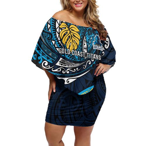Personalised Gold Coast Titans Family Matching Off Shoulder Short Dress and Hawaiian Shirt Polynesian Tribal Art Style With Spartan Titan Mascot