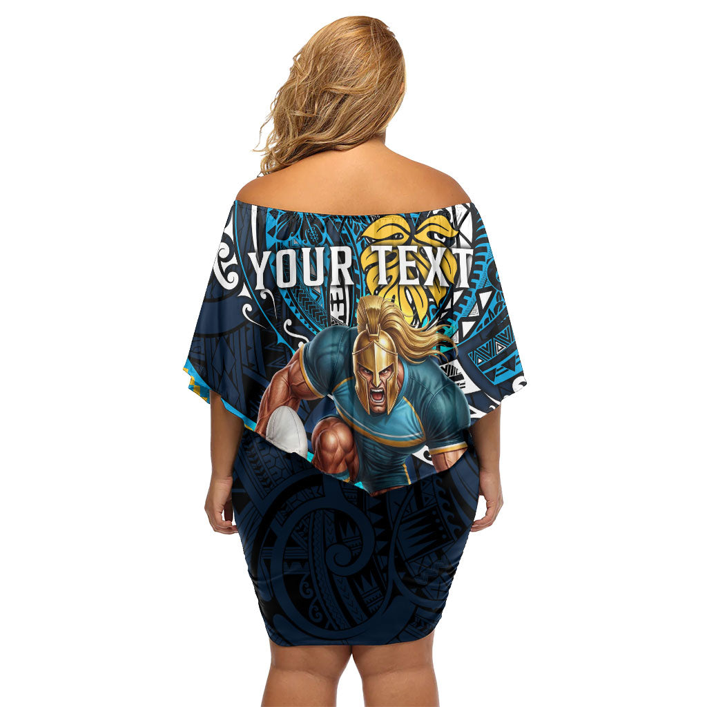 Personalised Gold Coast Titans Family Matching Off Shoulder Short Dress and Hawaiian Shirt Polynesian Tribal Art Style With Spartan Titan Mascot